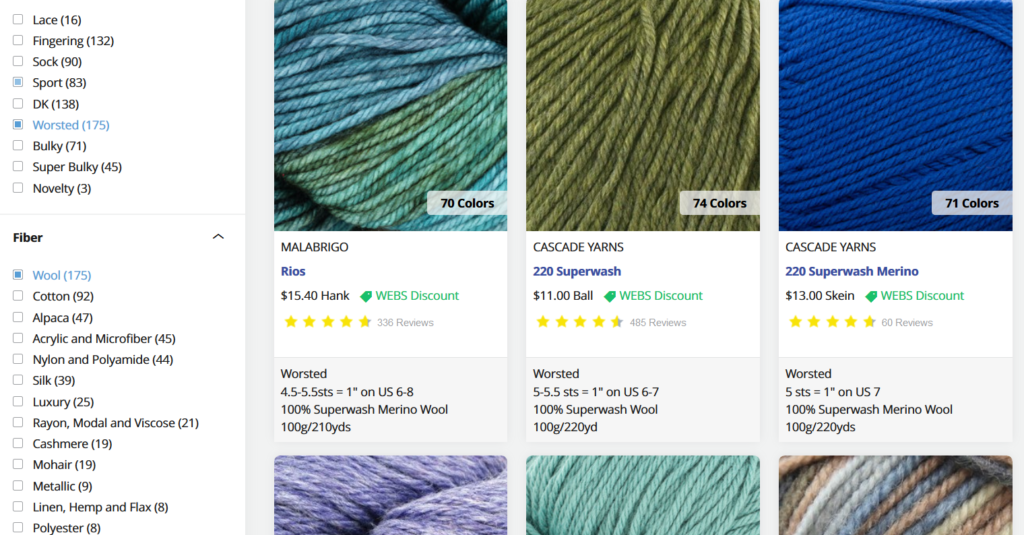 A screenshot of a yarn.com webpage showing that I've filtered by worsted weight, wool yarns.