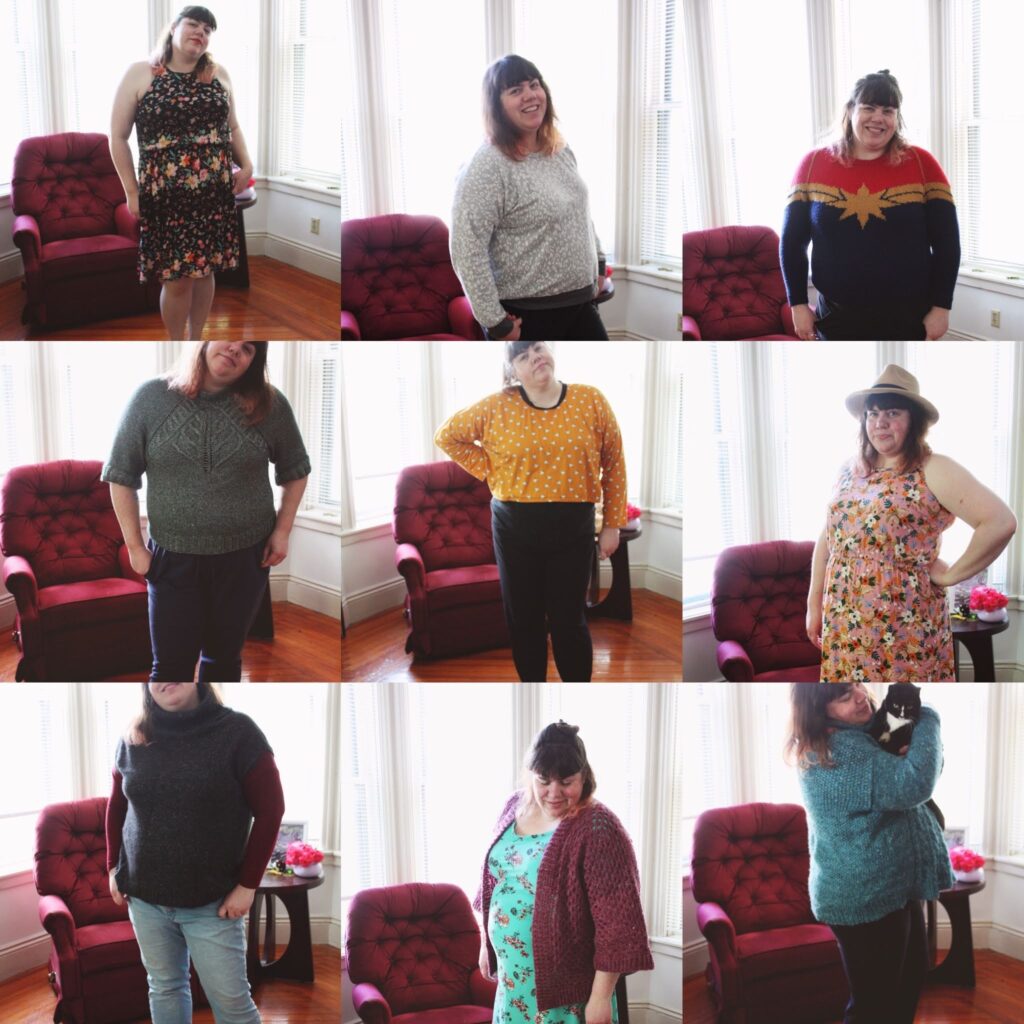 Nine photos in a collage, showing Amy wearing different outfits during Me Made May