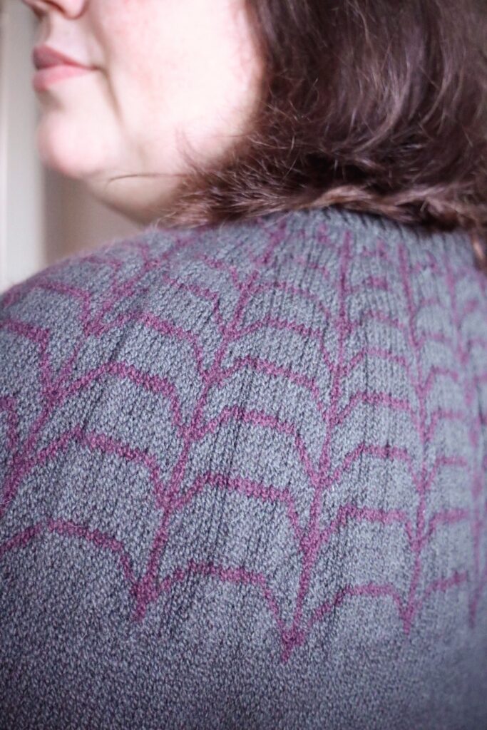 Close up photo of the yoke of Amy's Arachne Sweater