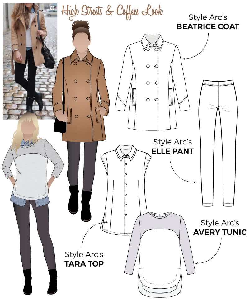 Line drawings of four sewing patterns to create an entire outfit, featuring stretch pants, a button down top, a sweater, and a pea coat. 