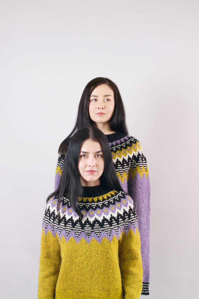 Sachiko and Kiyomi Burgin model the Kordy Sweater pattern. Finishing mine is a 2022 crafting goal for me.