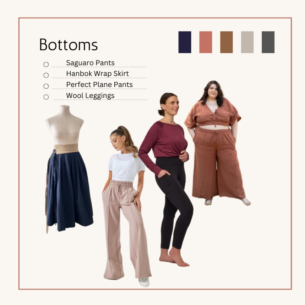 Graphic showing four different bottoms in a travel capsule wardrobe