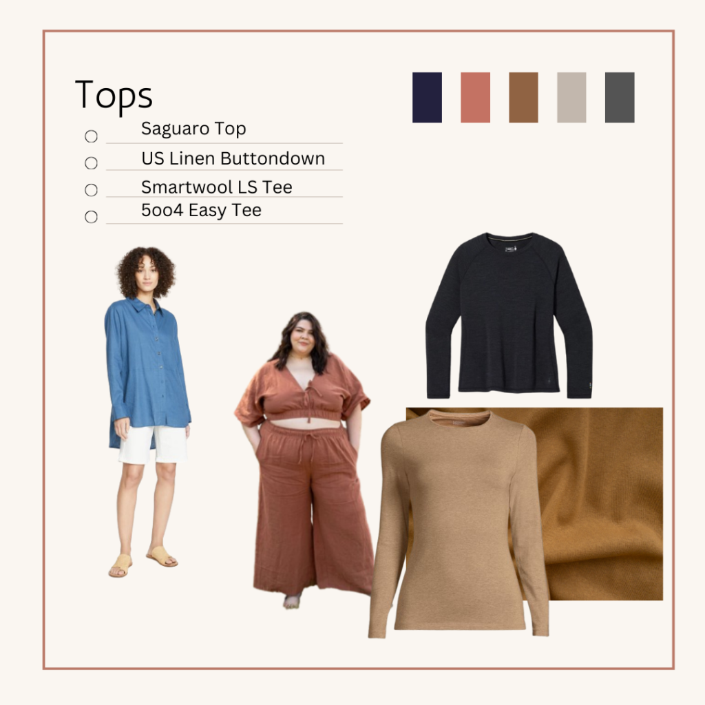 Graphic showing four different tops in a travel capsule wardrobe